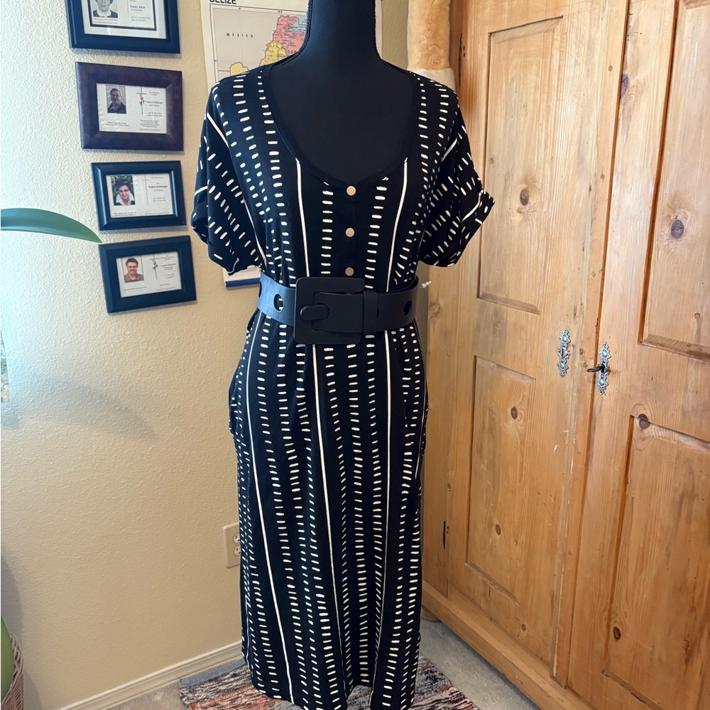 Black and White Striped Dress with Belt